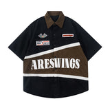 Big Letter Color Match Streetwear Casual Summer Shirts Male and Female Lapel Oversized Hawaii Top Short Sleeve Cotton Shirt jinquedai
