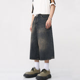 Korean Style Vintage Men's Jeans Summer Loose Male Wide Leg Knee Length Shorts New Washed Fashion Denim Trouser
