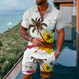 Summer Men's Sportswear Suit Plaid printed short sleeve Zipper Polo Shirt Suit Vacation suit 2 pieces jinquedai