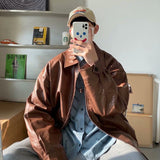 Pu Leather Jacket Men Brown Retro Motorcycle Jacket Autumn Korean Fashion Fried Street Loose Zipper Bomber Jacket Learher Coats jinquedai