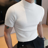 Summer Tight Knited T-shirt Casual Streetwear High-neck Solid Color Short-sleeved Bottoming Tees S-3XL Luxury Clothing jinquedai