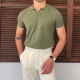 Men's Polo Shirt Solid Knit Lapel Buttonless Short Sleeve Slim Fit Tee Thin Casual Retro Summer jinquedai