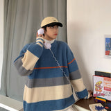 Striped sweater men's autumn and winter fashion brand loose color matching sweater coat versatile lazy wind thickened round neck jinquedai