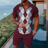 Summer Men's Sportswear Suit Plaid printed short sleeve Zipper Polo Shirt Suit Vacation suit 2 pieces jinquedai