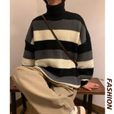 Korean Striped Men's Turtleneck Oversized Sweaters Winter Warm Knitted Pullovers  Streetwear Man Casual Tops jinquedai