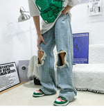 Men Jeans Wide-leg Straight Jeans Hole Ripped Street-wear All-match Denim Trousers Mens Loose Casual Fashion Harajuku New jinquedai