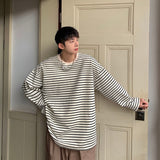 Autumn Cotton Long Sleeve T-Shirt Men Fashion Casual O-Neck T-Shirt Men Korean Loose Striped T Shirt Mens Top Large Size M-5XL jinquedai