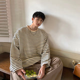 Autumn Cotton Long Sleeve T-Shirt Men Fashion Casual O-Neck T-Shirt Men Korean Loose Striped T Shirt Mens Top Large Size M-5XL jinquedai