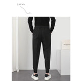 Jinquedai Fashion Men Casual Pants Elastic Waist Small Feet Slim Korean Style Pleated Tapered Male Blazer Pants Trousers Streetwear jinquedai