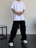High street retro casual large pocket overalls men's and women's new summer high waist loose straight tube draped wide leg pants jinquedai