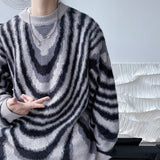 Mohair Stripe Fashion Men's Sweater Loose Harajuku Korean Unisex Clothing Autumn New Brand Male Knitted Pullovers jinquedai