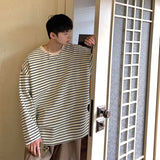 Autumn Cotton Long Sleeve T-Shirt Men Fashion Casual O-Neck T-Shirt Men Korean Loose Striped T Shirt Mens Top Large Size M-5XL jinquedai