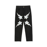 New Fashion Jeans Women/Men Trend National Tide Hip Hop Street Lightning Five-pointed Star Patch Loose Casual Wide-leg Hiphop jinquedai