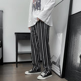 Men Pants Striped Loose Comfortable Retro Casual All-match Elastic Waist Chic Wide Leg Trousers Fashion Streetwear Korean Style jinquedai