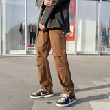 Cotton Pocket Cargo Pants Men Fashion Brown Black White Casual Pants Men Streetwear Loose Hip-hop Straight Pants Mens Trousers jinquedai