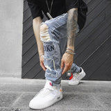 Jinquedai  Jeans Men's Letter Embroidery Ripped Holes Straight Retro Punk Pants Fashionable Hip-hop Streetwear Men S-3XL jinquedai