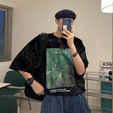 Harajuku style ice velvet short sleeve t-shirt men's summer fashion brand trend large loose design sense niche clothes jinquedai