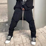 High Street Vibe Style Drawstring Black Casual Trousers Retro Straight Oversized Pockets Harajuku Hip Hop Mens Track Pants jinquedai