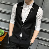 Jinquedai New Punk Style Rivet Male Vest Fashion V-neck One Button Black Vest Men Slim Fit Mens Suit Vest Waistcoat Men jinquedai