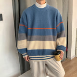 Striped sweater men's autumn and winter fashion brand loose color matching sweater coat versatile lazy wind thickened round neck jinquedai