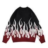 Retro Flame Printed Contrast Color Pullover Autumn Sweaters for Men and Women Round Neck Patchwork Hip Hop Baggy Knitted Tops jinquedai