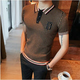 Jinquedai Summer Sweater Polo Shirt Men Slim Short Sleeve Tee Shirt Breathable British style Striped Polo Shirt Mens Tops Clothes jinquedai