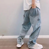 Jinquedai Vibe Style Cross Embroidery Retro Washed Men Baggy Jeans Trousers Hip Hop Distressed Vintage Denim Pants Pantalons Capris jinquedai