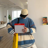 Striped sweater men's autumn and winter fashion brand loose color matching sweater coat versatile lazy wind thickened round neck jinquedai