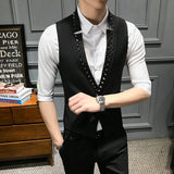 Jinquedai New Punk Style Rivet Male Vest Fashion V-neck One Button Black Vest Men Slim Fit Mens Suit Vest Waistcoat Men jinquedai