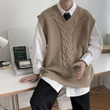 Korean Sweater Vest Men's Fashion Solid Color V-neck Knitted Pullover Men Streetwear Loose Autumn Vest Knitting Sweaters Mens jinquedai