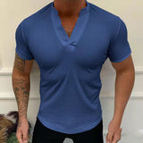 Summer Fashion T-Shirt Solid V-Neck Pullover Tops Men's Casual Short Sleeve Threaded Breathable Slim Tee Men Streetwear jinquedai