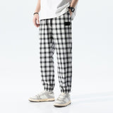 Men Casual Pants Plaid Length Loose All-Match Elastic Waist Fashion Trousers Streetwear Korean White Tie Feet Trousers Male jinquedai