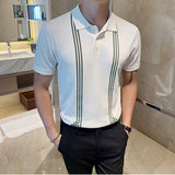 Jinquedai  Knit Top Summer Casual Mens Retro Striped Short-Sleeved Slim Polo Shirt Mens Button Lapel Polo Shirt Fashion Polo Shirt Men jinquedai