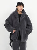 Mauroicardi Winter Thick Warm Oversized Dark Grey Sherpa Jacket Men with Hood Zip Up Fluffy Loose Casual Faux Lamb Fur Coat jinquedai
