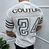 Men's Knit T Shirt Casual Streetwear Hollow-Out O Neck Sweater Short Sleeve Tees Letter Printed Luxury Clothing M-3XL jinquedai