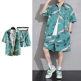 Summer Ice Silk Sets Men Fashion Short-sleeved Shirt/Shorts Two-piece Mens Japanese Streetwear Loose Printing Short Sets Men jinquedai