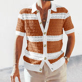 Summer Men's New Color Matching Cut-Out Sexy Lapel Single-Breasted Sweater Cardigan Short-Sleeved Shirt jinquedai