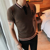Jinquedai Summer Sweater Polo Shirt Men Slim Short Sleeve Tee Shirt Breathable British style Striped Polo Shirt Mens Tops Clothes jinquedai
