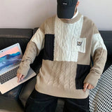 Oversized Men Sweater Fashion Knitted Embroidery Bear Pullovers Spring Lazy Long Sleeve Streetwear Patchwork Klein Blue Sweater jinquedai