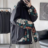 Flower Embroidered Jacket Men Fashion Black Beige Casual Jacket Mens Streetwear Loose Hip Hop Bomber Jacket Men Large Size M-5XL jinquedai