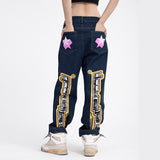 Letter Stars Graffiti Print Wide Leg Blue and Black Jeans Pants for Men and Women Straight Retro Casual Oversized Denim Trousers jinquedai