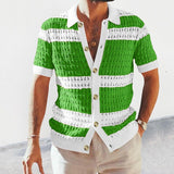 Summer Men's New Color Matching Cut-Out Sexy Lapel Single-Breasted Sweater Cardigan Short-Sleeved Shirt jinquedai