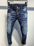 Jinquedai Trendy Spray Paint Hole Micro-elastic Jeans Slim Fit Casual Denim Pants Clothing A388 jinquedai