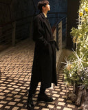Jinquedai  Autumn Winter Long Khaki Black Soft Warm Trench Coat Men with Side Slit Sashes Loose Casual Korean Fashion jinquedai