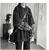 Fake Two Piece Plaid Patchwork Black White Oversize Harajuku Korean Fashion Casual Hoodie Long Sleeve Autumn Men Sweatshirt jinquedai