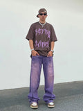 Street made coordinates washed purple jeans for men and women with a unisex style loose fitting bf straight tube fall down jinquedai