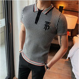 Jinquedai Summer Sweater Polo Shirt Men Slim Short Sleeve Tee Shirt Breathable British style Striped Polo Shirt Mens Tops Clothes jinquedai