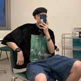 Harajuku style ice velvet short sleeve t-shirt men's summer fashion brand trend large loose design sense niche clothes jinquedai