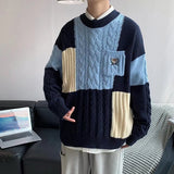 Oversized Men Sweater Fashion Knitted Embroidery Bear Pullovers Spring Lazy Long Sleeve Streetwear Patchwork Klein Blue Sweater jinquedai