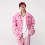 Trendy Korean Male Pink Color Set Solid Color Lapel Denim Jacket Coat Wide Leg Straight Jeans Men's Casual Two Piece jinquedai